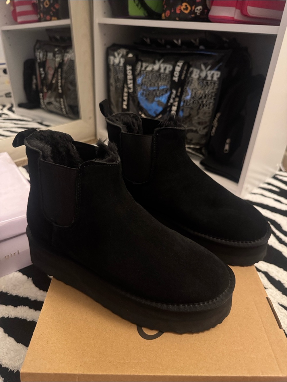 Women's Black Faux-Fur Lined Chelsea Ankle Boots